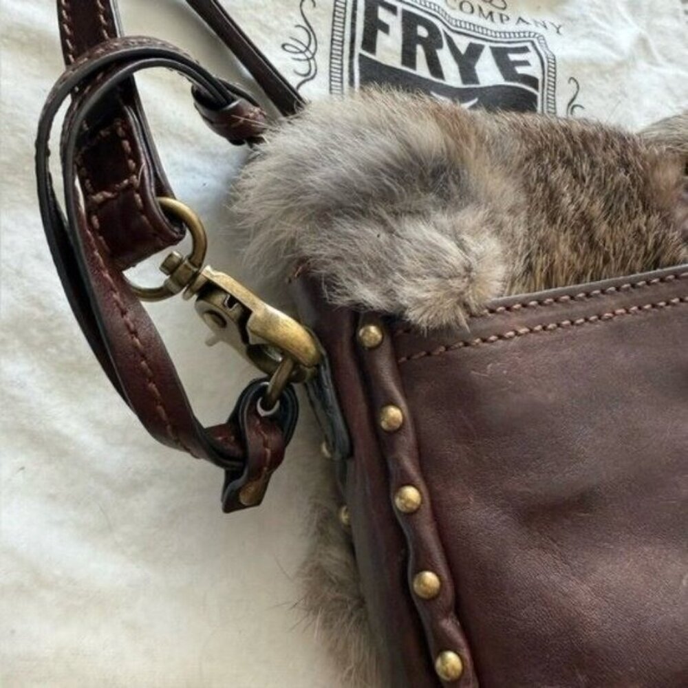 Frye Roxanne Rabbit Fur Genuine Leather Stud Studded Crossbody Bag Purse Brown • - Picture 11 of 12